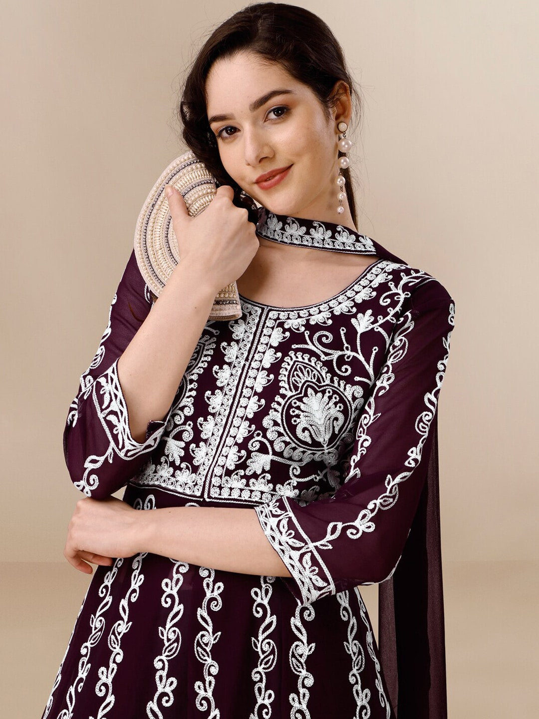 HERE&NOW Floral Lucknowi Chikankari Embroidered Georgette Anarkali Kurta with Dupatta | Swadesiicart