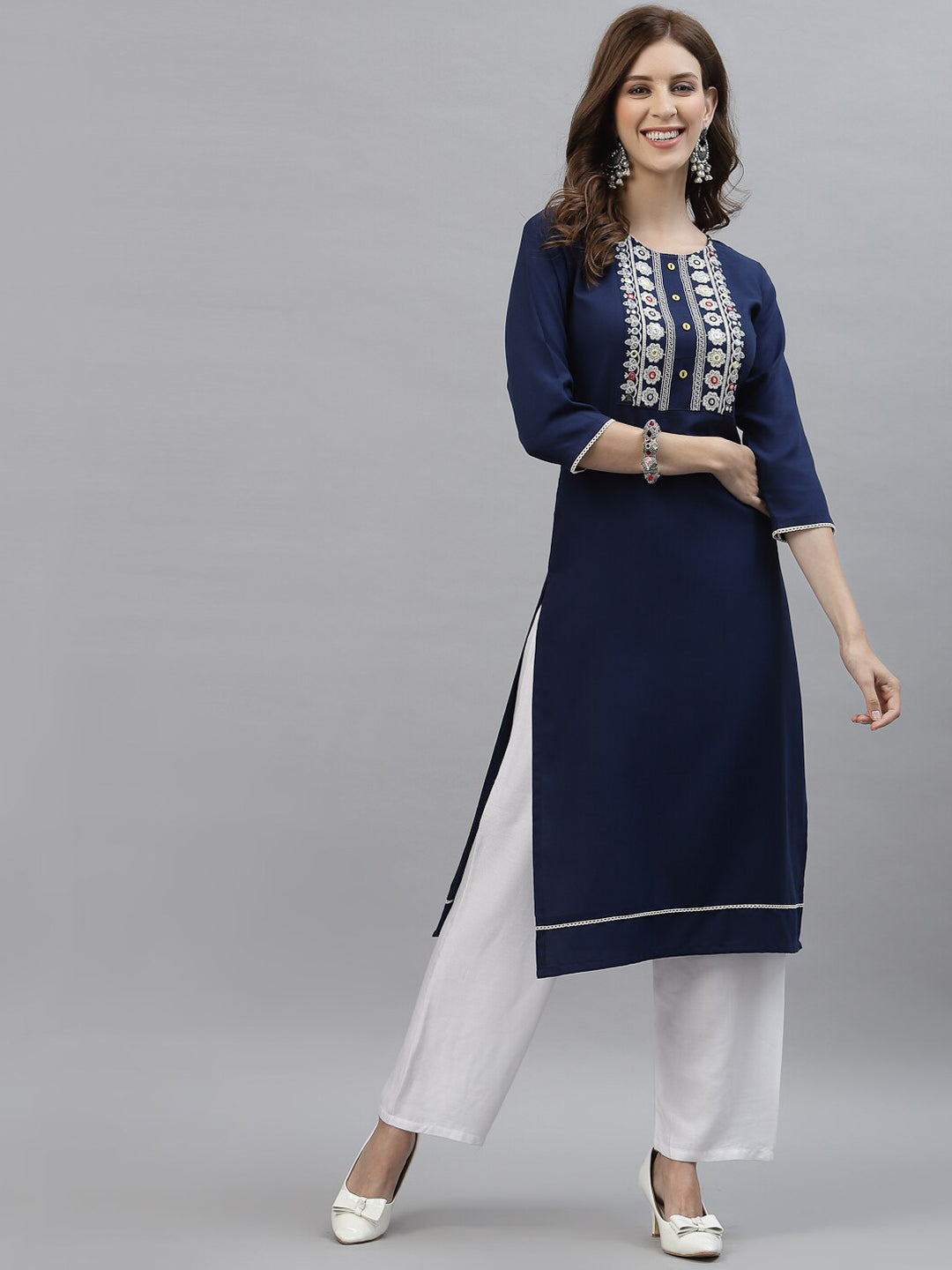 Kalini Women Blue Poly Viscose Rayon Embroidered Kurta | Swadesiicart