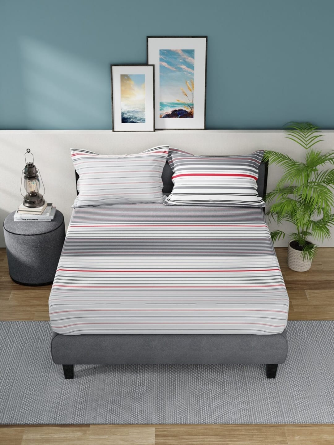 Nautica Bradford Grey & White Striped Cotton 160 TC King Bedsheet With 2 Pillow Covers - Swadesiicart