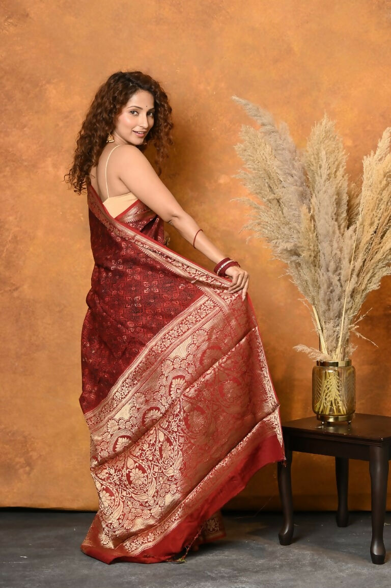 Very Much Indian Modal Silk Ajrakh Handblock Printed Natural Dyes With Designer Border Saree - Red | Swadesiicart