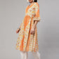 Aks Floral Printed V-Neck Bell Sleeves Pleated Cotton Kurta