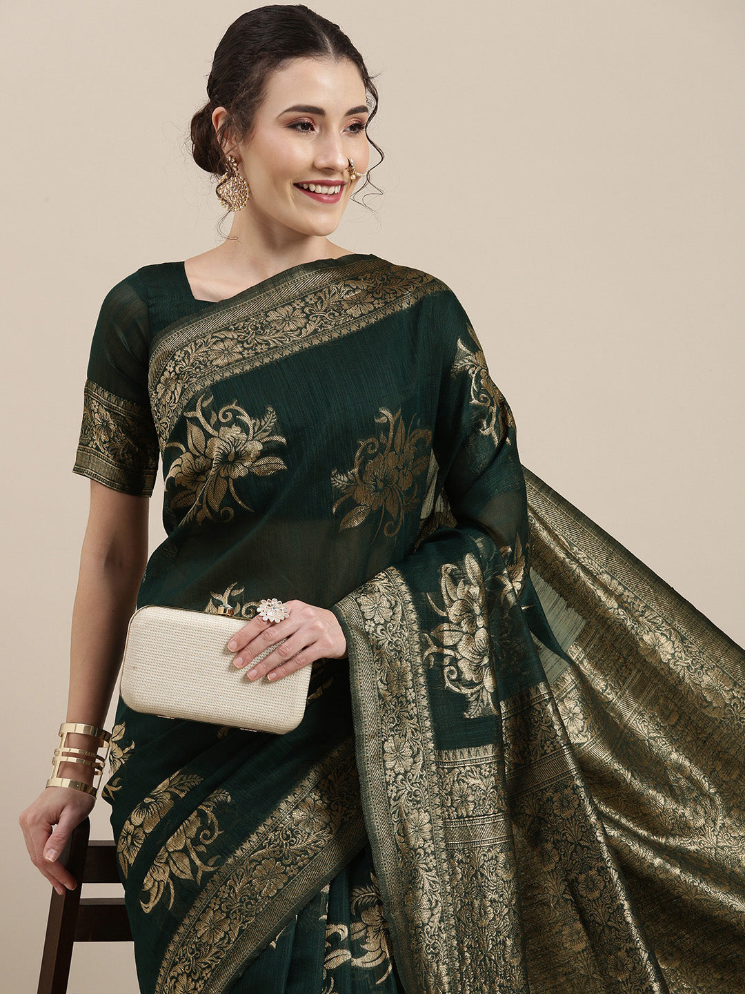 Saree Mall Green Floral Linen Blend Banarasi Saree | Swadesiicart