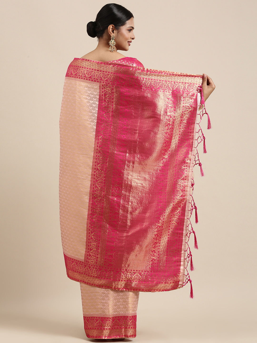 Saree Mall Peach-Coloured Ethnic Motifs Zari Silk Blend Banarasi Saree | Swadesiicart