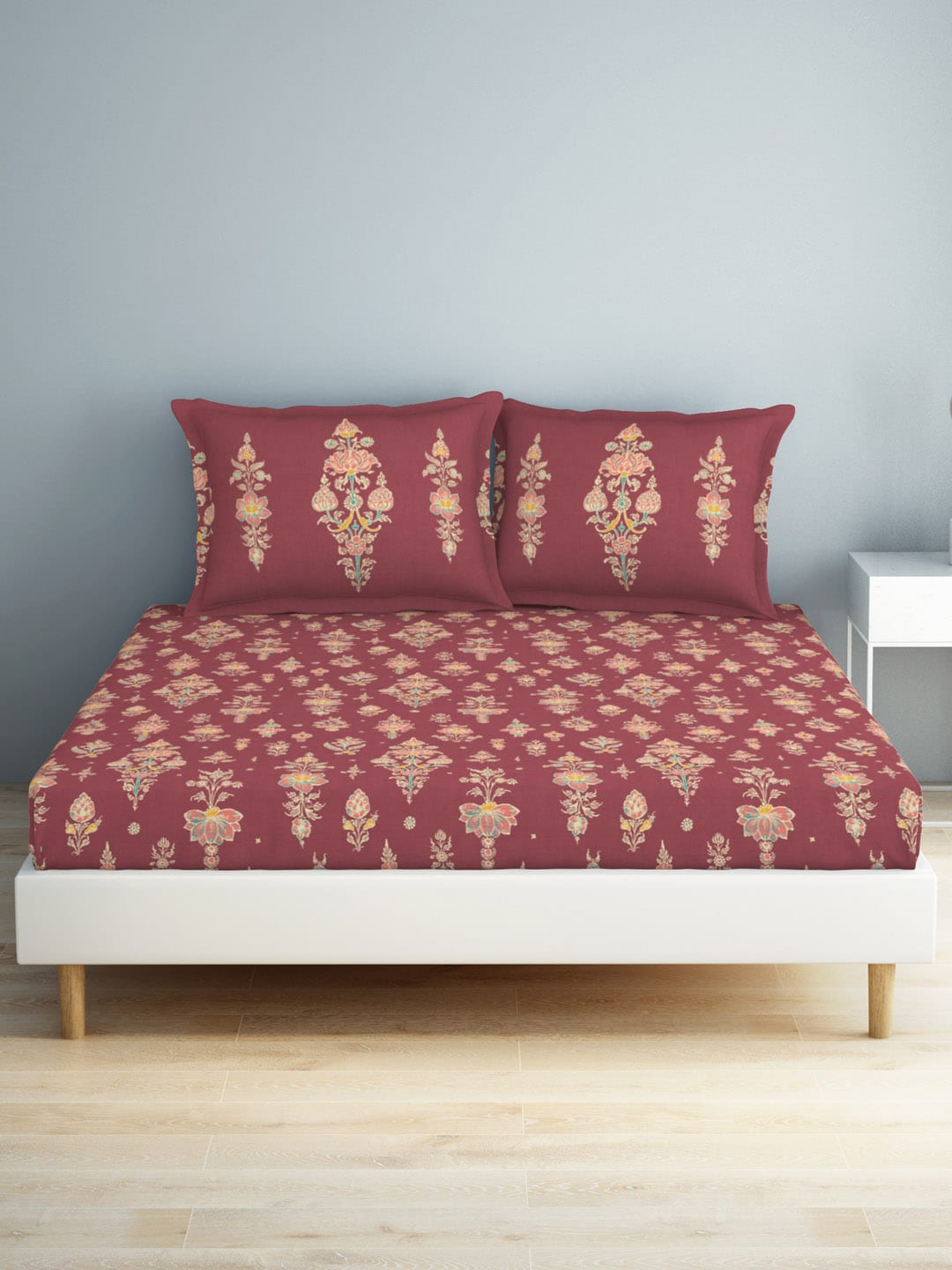 SPACES Aurum Red Ethnic Motifs Pure Cotton 140 TC Queen Bedsheet with 2 Pillow Covers - Swadesiicart