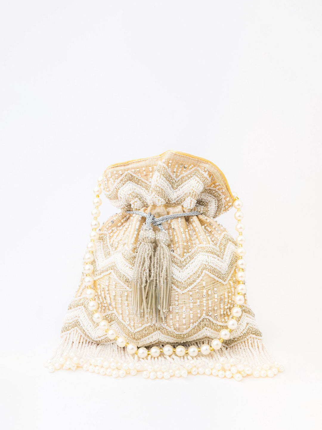 NR By Nidhi Rathi Cream-Coloured & Gold-Toned Embellished Potli Clutch - Swadesiicart