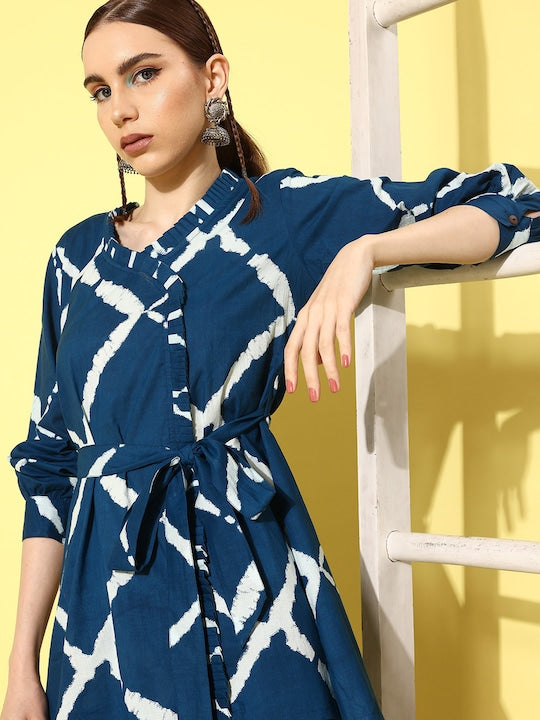 InWeave Women's Indigo Criss Cross Belted Coord Set - Swadesiicart