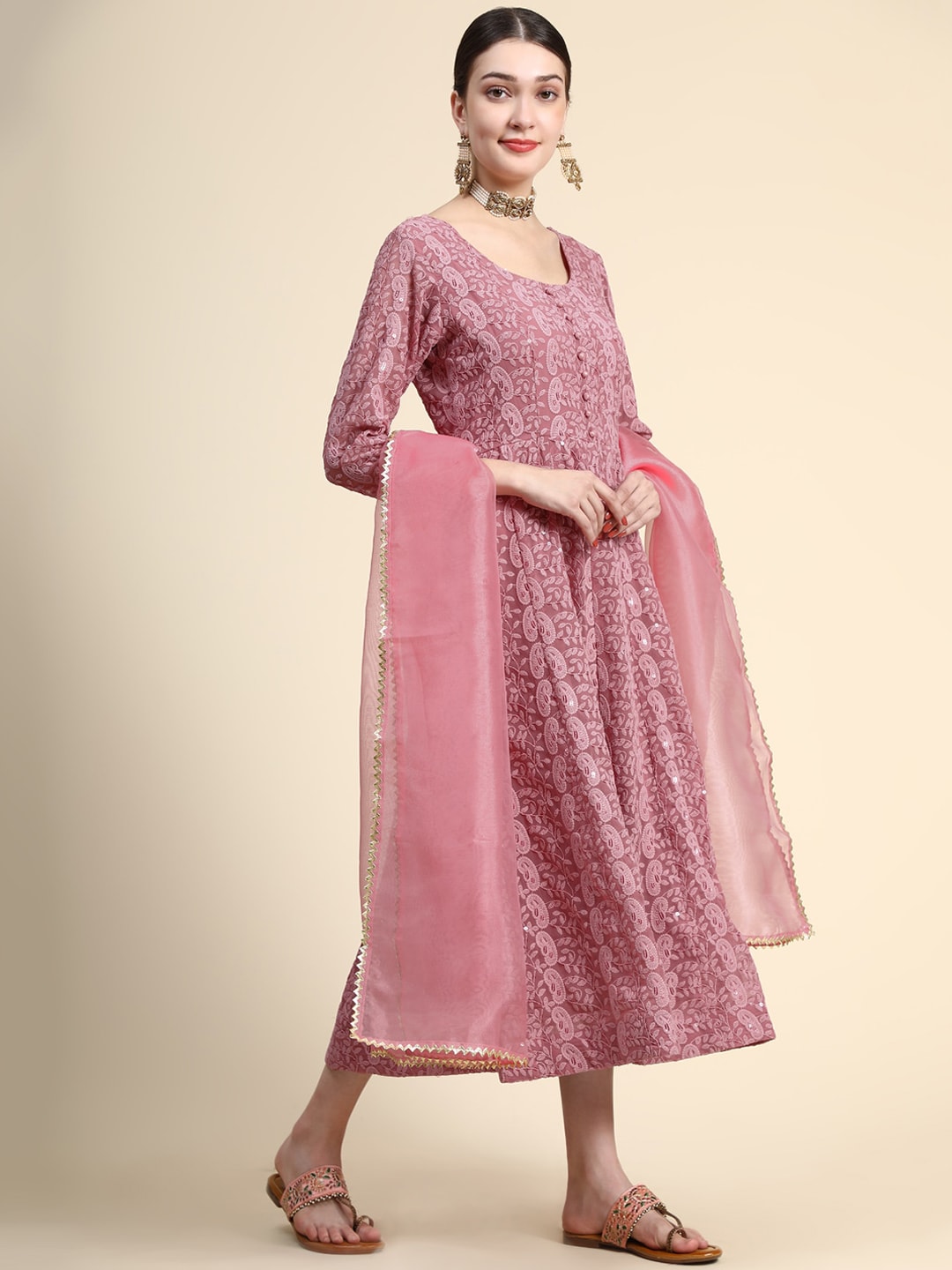 Kalini Paisley Embroidered Chikankari Georgette Anarkali Kurta With Dupatta Set | Swadesiicart