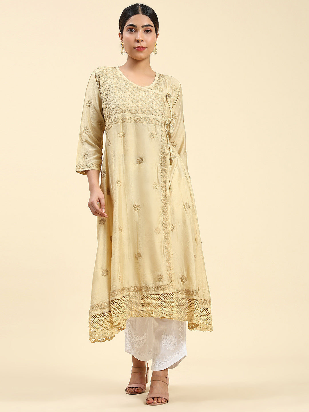 HOUSE OF KARI Embroidered Chikankari Chanderi Silk Anarkali Kurta | Swadesiicart