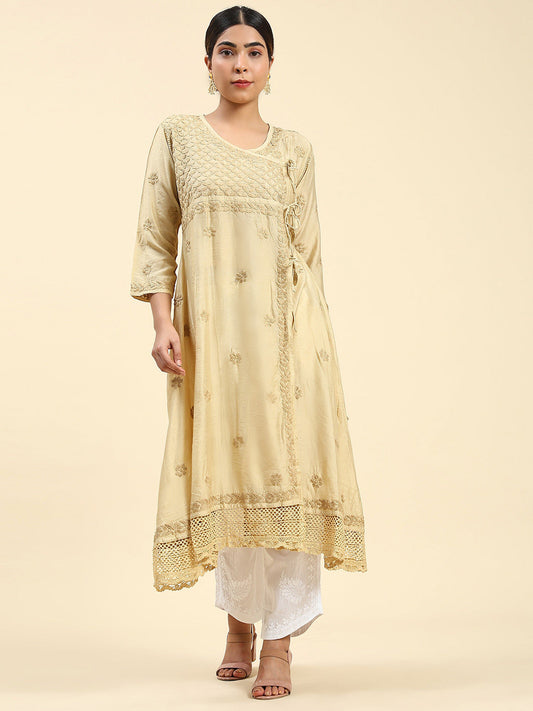 HOUSE OF KARI Embroidered Chikankari Chanderi Silk Anarkali Kurta | Swadesiicart