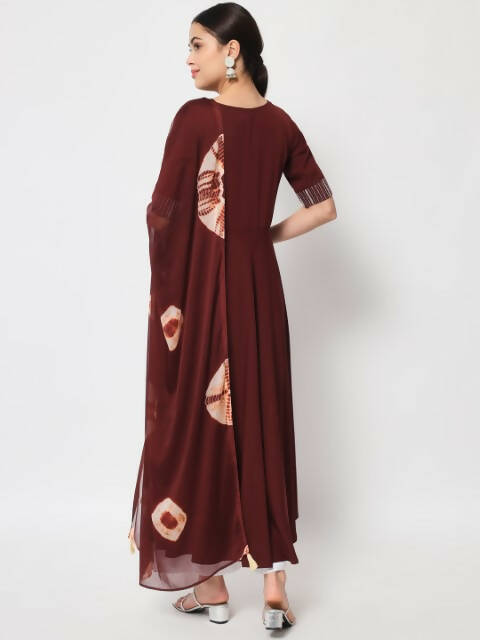 FIORRA Women's Maroon Poly Crepe Flared Kurta With Dupatta - Swadesiicart