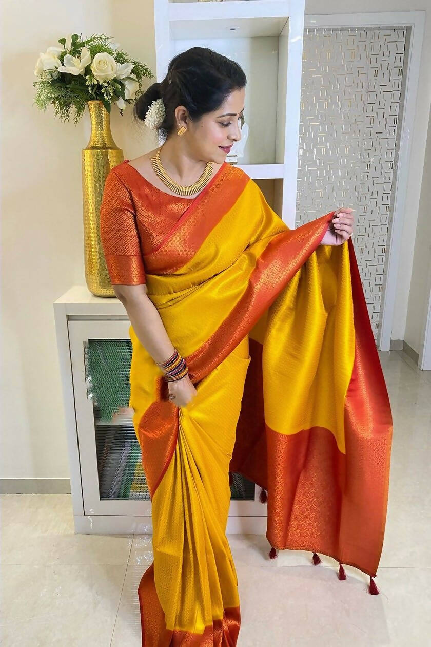 DEIANA'S Beautiful Designer Golden zari Soft Lichi Silk Saree - Yellow - Swadesiicart