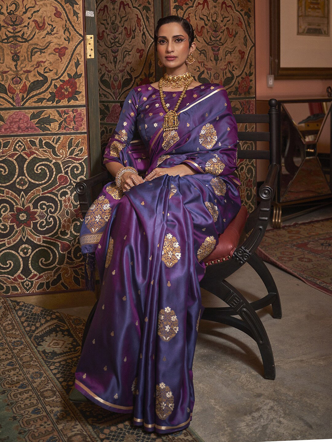 Mitera Purple & Brown Floral Zari Silk Blend Banarasi Saree | Swadesiicart