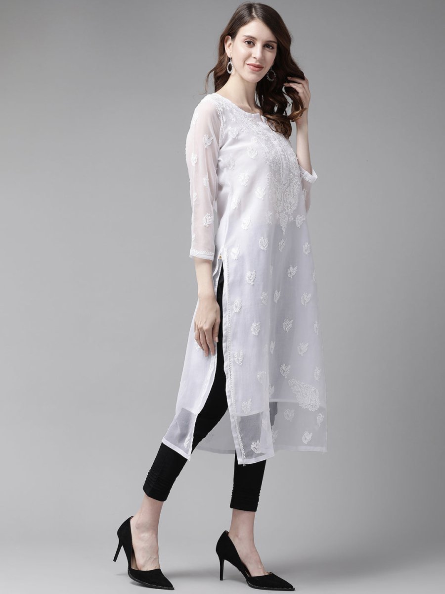 ADA Women White & Black Chikankari Embroidered Handloom Kurta & Slip with Churidar | Swadesiicart