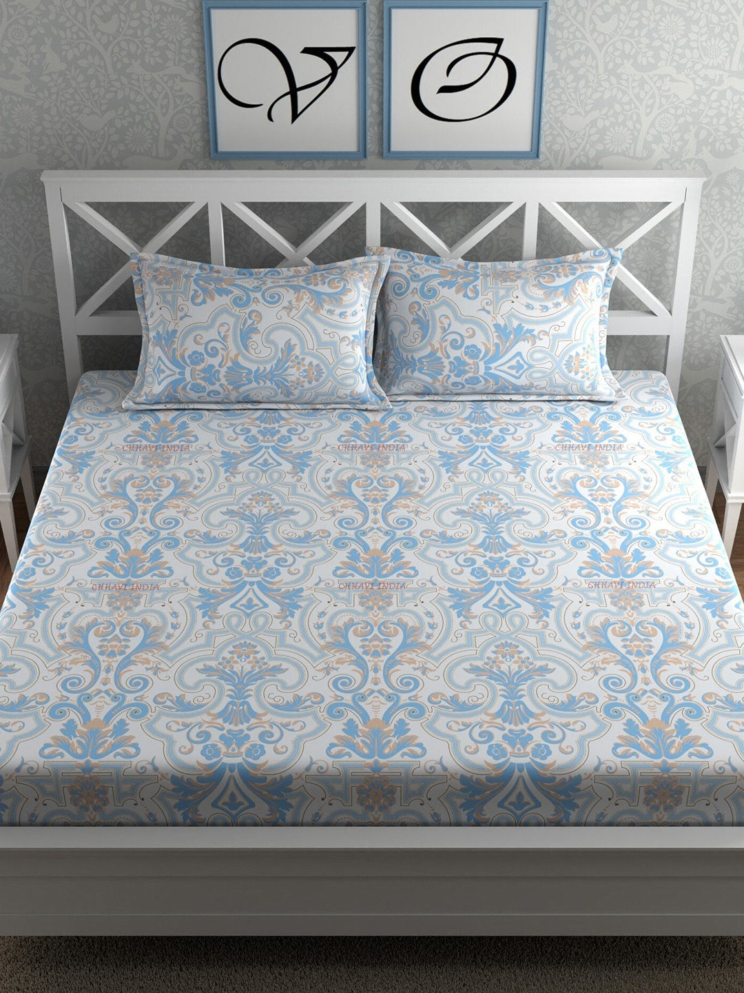 CHHAVI INDIA Blue & White Ethnic Motifs 210 TC King Bedsheet with 2 Pillow Covers - Swadesiicart