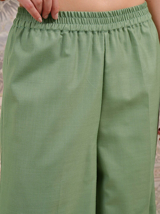 Vishudh Green Ethnic Motifs Yoke Design Thread Work Straight Kurta With Palazzos & Dupatta - Swadesiicart