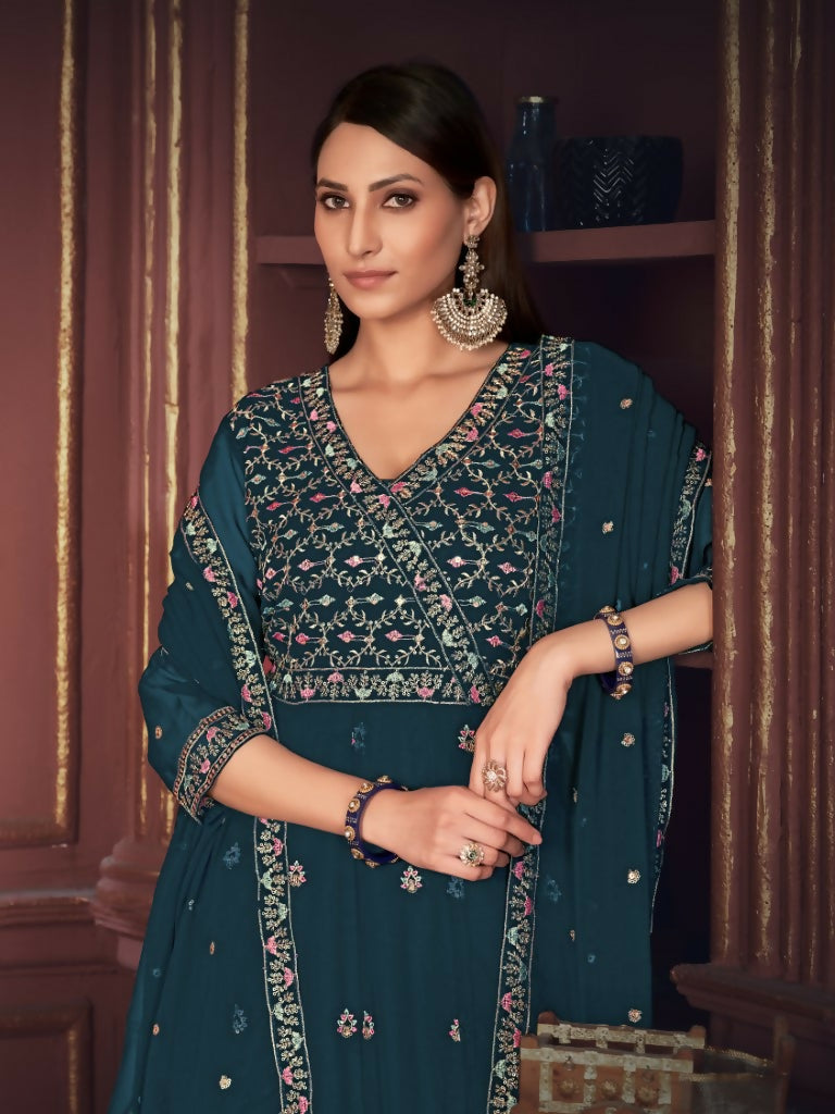 Jyoti Fashion Women's Rama Georgette Embroidered Anarkali Kurta Pant Set With Dupatta | Swadesiicart