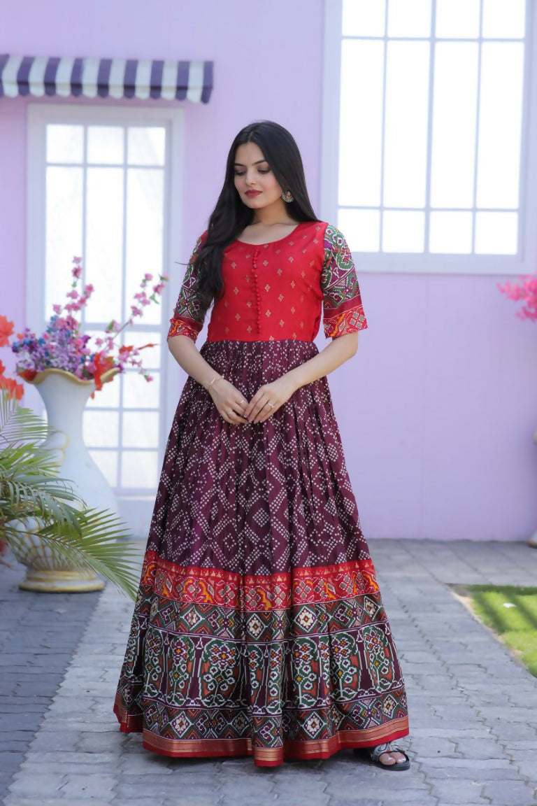 Jyoti Fashion Women's Wine Patola with Foil Print Dola Silk Anarkali Dress | Swadesiicart