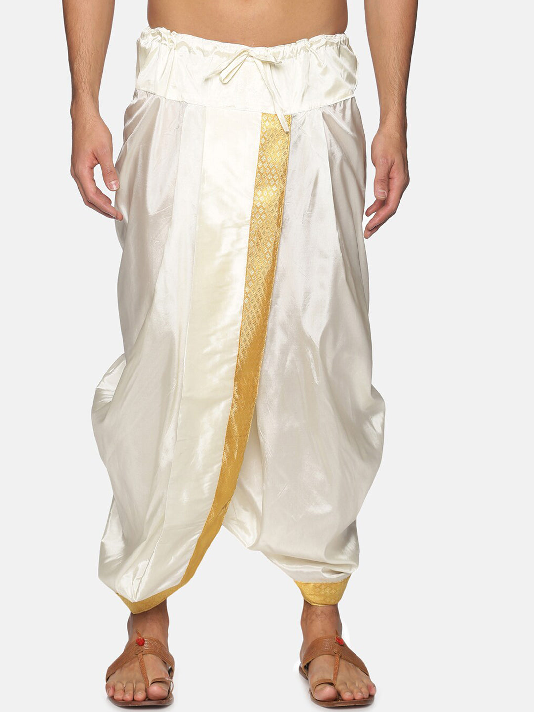 Sethukrishna Men Cream & Golden Solid Dhoti | Swadesiicart