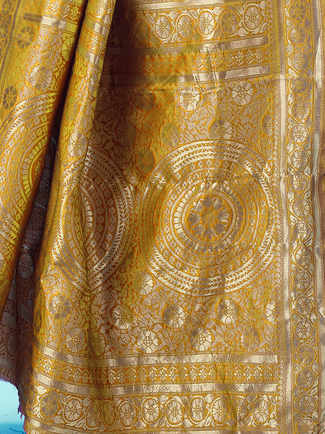 Kalini Yellow & Gold-Toned Woven Design Zari Banarasi Saree | Swadesiicart