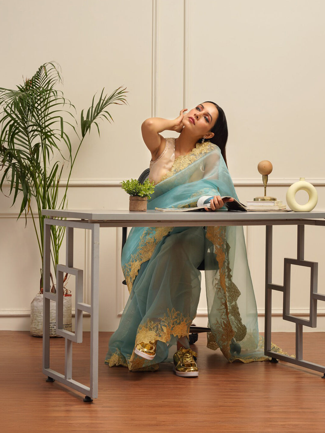 Tikhi Imli Embroidered Organza Heavy Work Saree | Swadesiicart