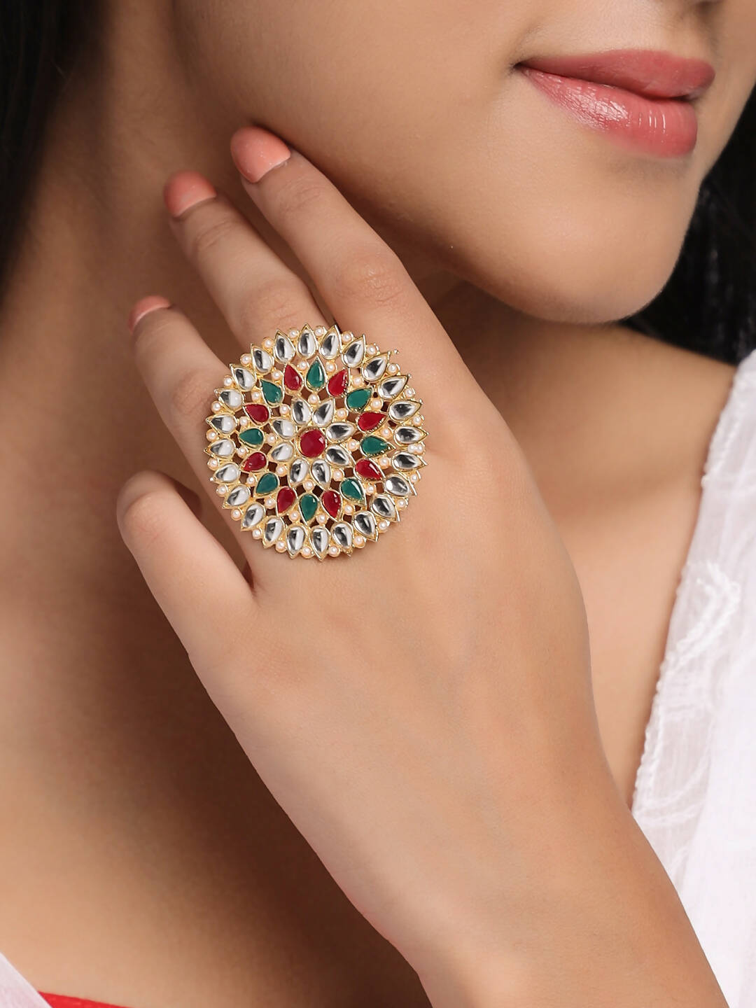 NVR Women's Traditional Ethnic Kundan Meenakari Gold-Polished Ajustable Finger Ring | Swadesiicart