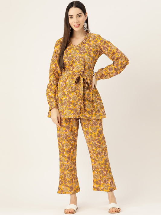 InWeave Mustard Kalamkari Print Co Ord Set With Belt - Swadesiicart
