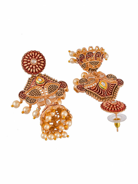 Shoshaa Maroon & Gold-Toned & Plated Contemporary Antique Jhumkas Earrings | Swadesiicart
