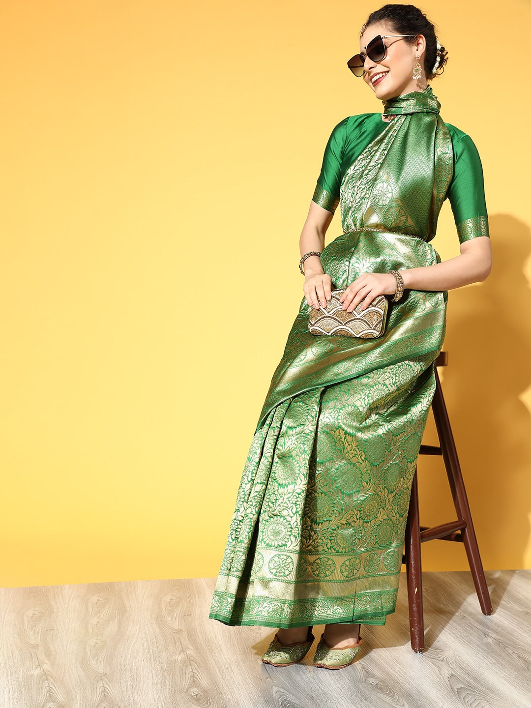 Saree Mall Green & Golden Woven Design Banarasi Saree | Swadesiicart
