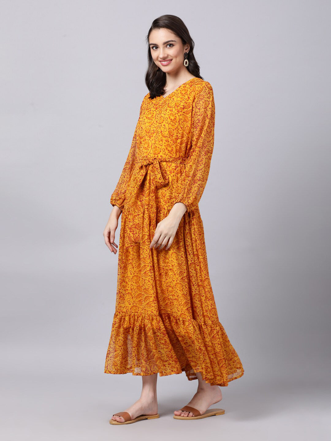 Souchii Yellow Floral Layered Chiffon Maxi Dress - Swadesiicart