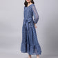Souchii Blue Ethnic Motifs Printed Chiffon Maxi Tiered Dress - Swadesiicart
