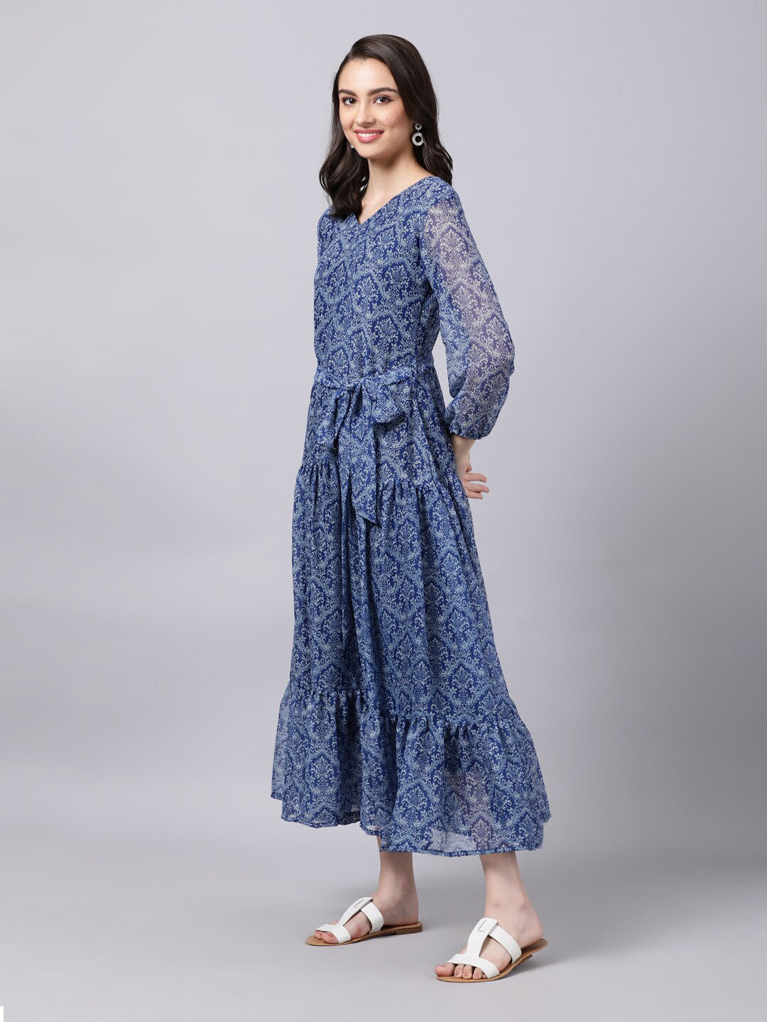 Souchii Blue Ethnic Motifs Printed Chiffon Maxi Tiered Dress - Swadesiicart