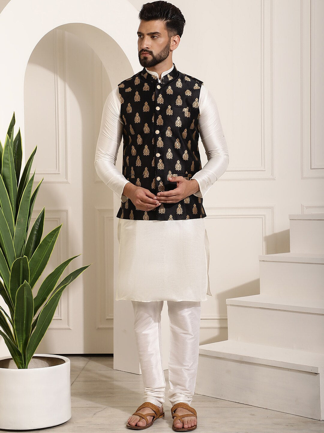 Sojanya Band Collar Straight Kurta & Churidar with Nehru jacket | Swadesiicart