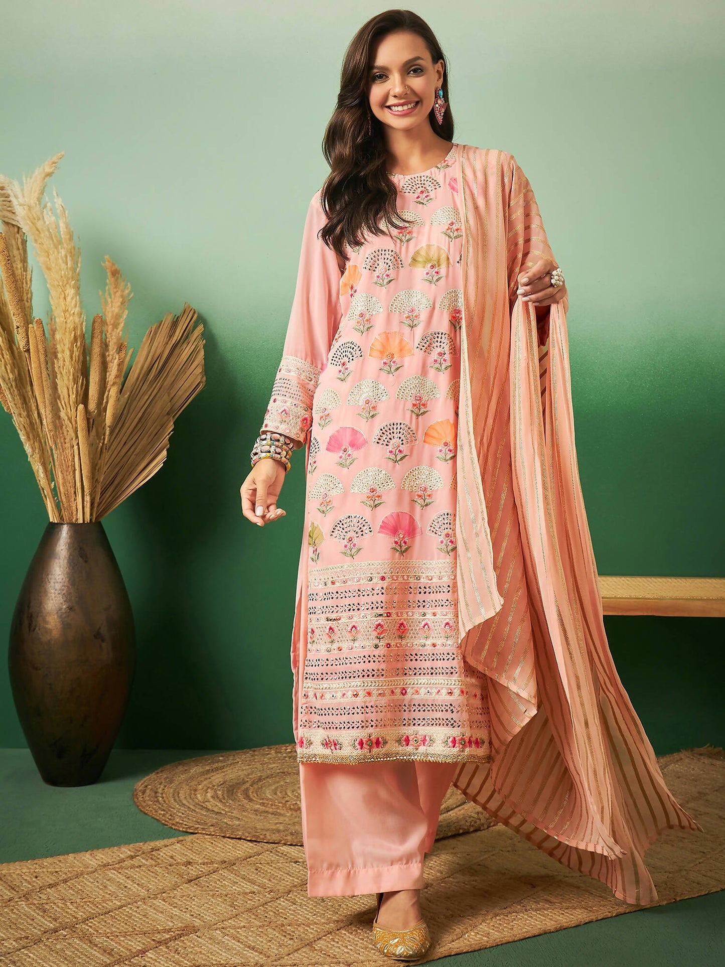 Peach Georgette Handwork Unstitched Dress Material - Hanika | Swadesiicart