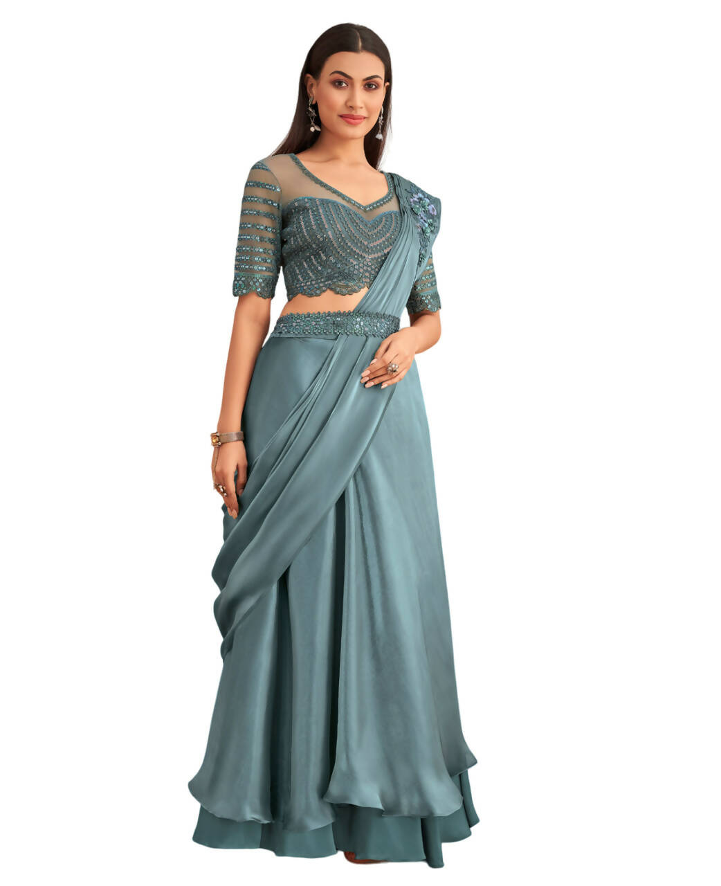 Blue Satin Embroidered Ready To Wear Saree With Unstitched Blouse Piece - Nandika | Swadesiicart