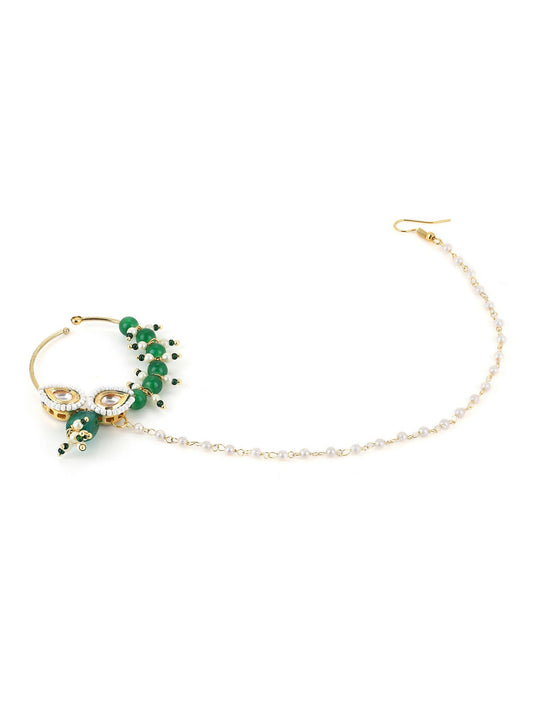 Gold-Polished White Green Kundan Studded Beaded Chain Nose Pin - Ruby Raang | Swadesiicart