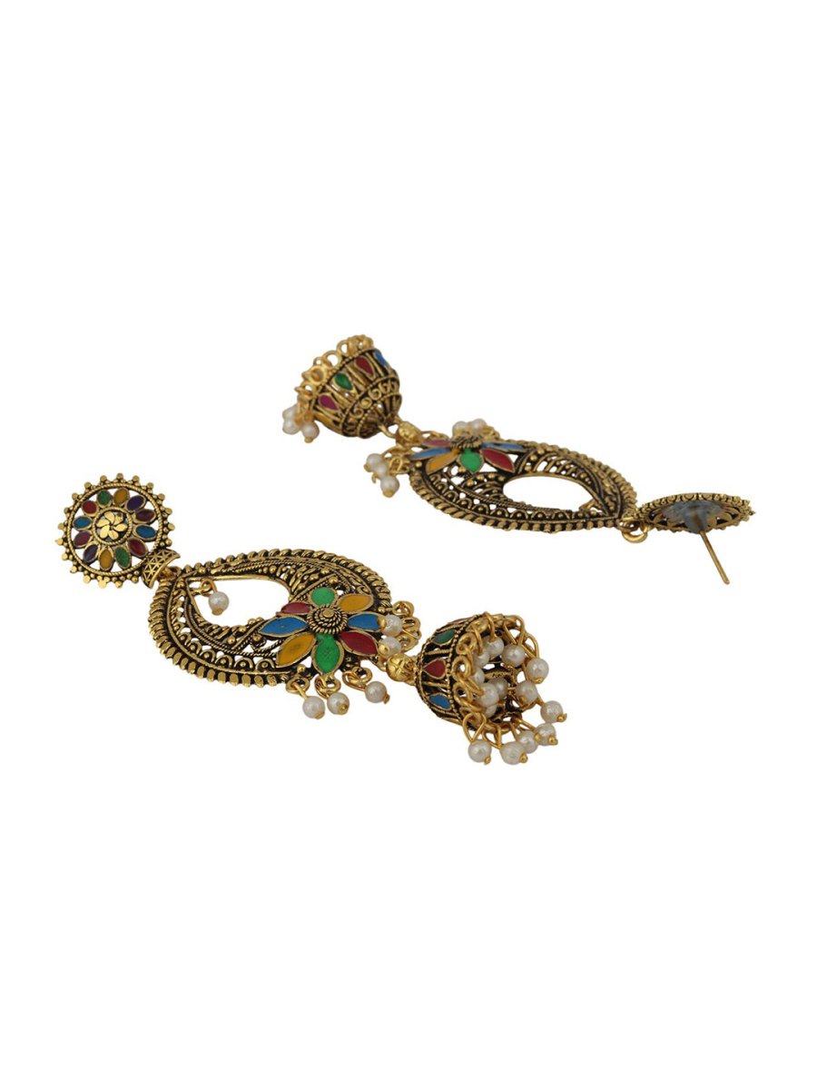 Anikas Creation Gold-Toned & Multicoloured Contemporary Jhumkas Earrings | Swadesiicart