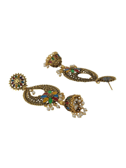 Anikas Creation Gold-Toned & Multicoloured Contemporary Jhumkas Earrings | Swadesiicart