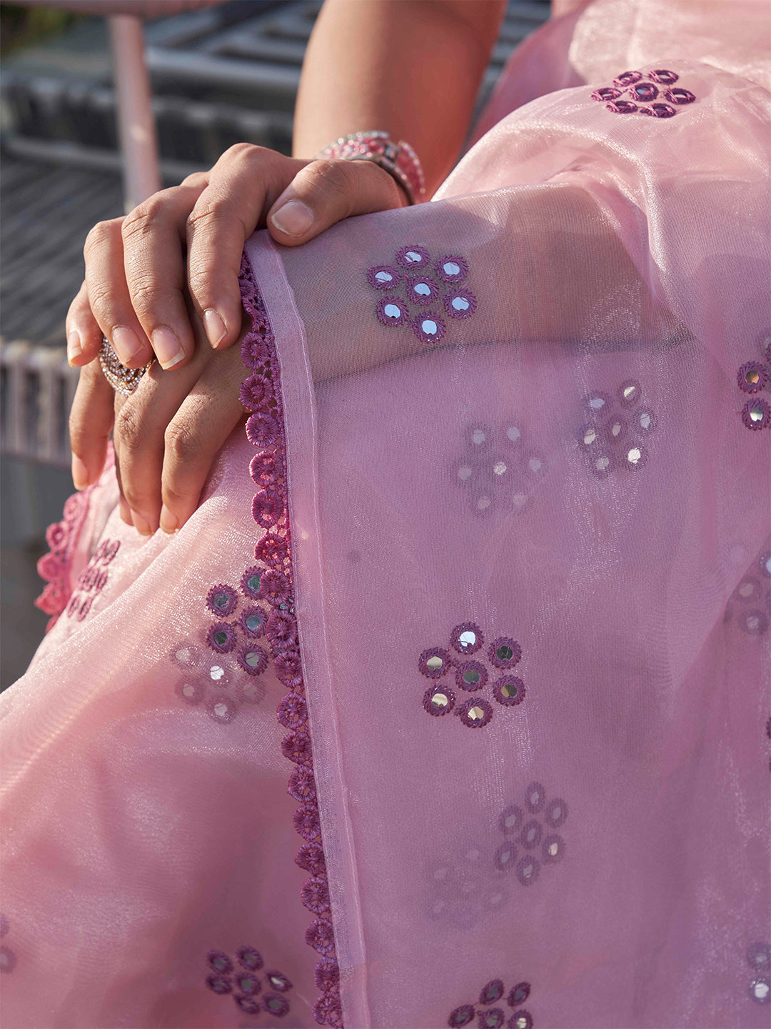 Tikhi Imli Floral Mirror Work Organza Saree | Swadesiicart