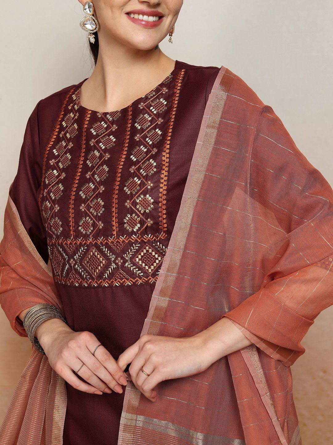 Vishudh Embroidered Rund Neck Straight Kurta & Palazzos With Dupatta - Swadesiicart