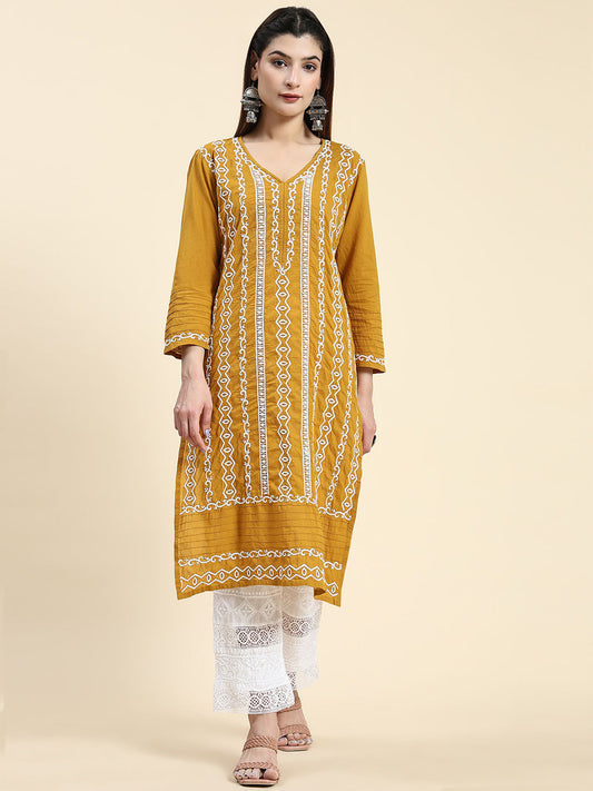 HOUSE OF KARI Ethnic Motifs Embroidered Chikankari Cotton Kurta | Swadesiicart