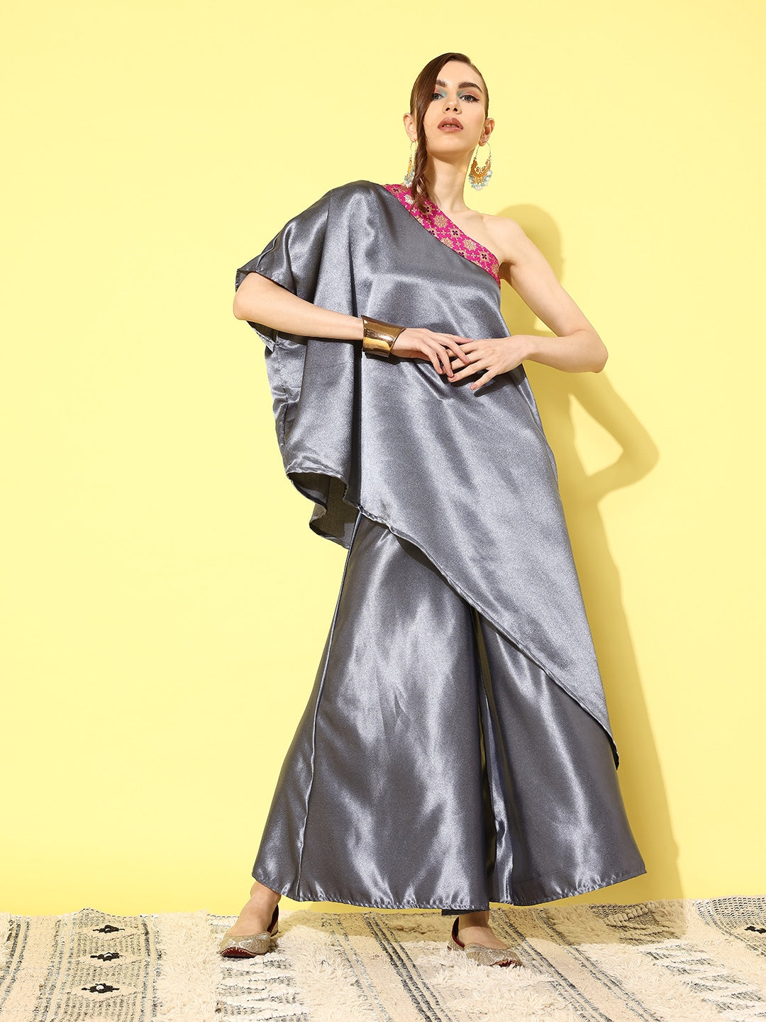 InWeave Women's Grey Pink Brocade Satin Oneshoulder Kurta Set - Swadesiicart