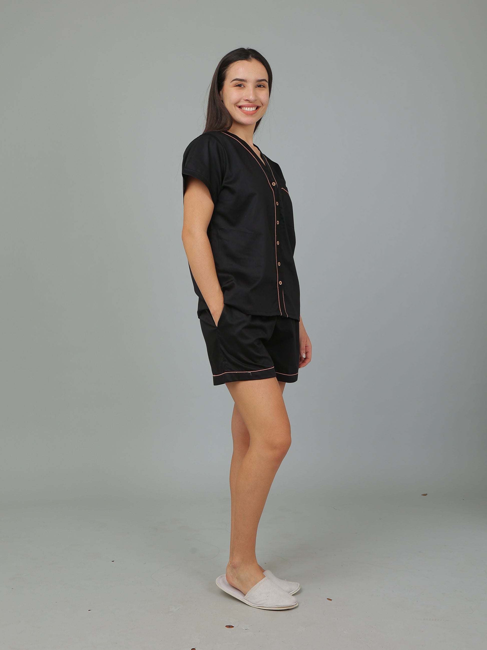 Breathables Women Cotton Night Suit Shirt And Shorts Co-Ord Set I Nightwear | Loungewear Set In Solid Colours