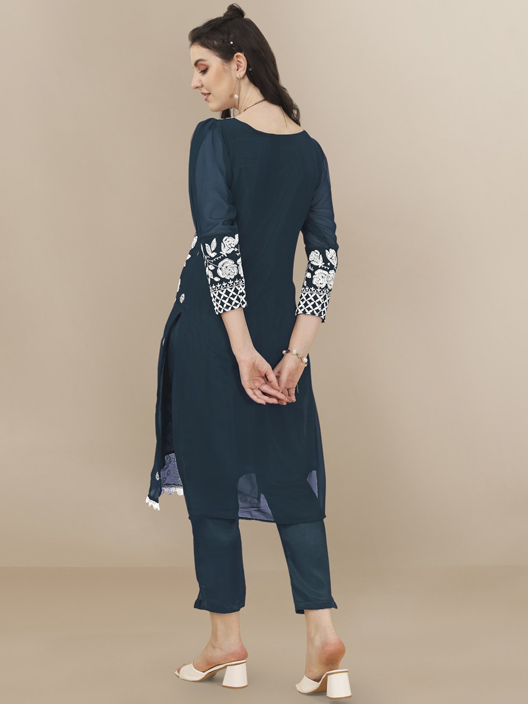 HERE&NOW Floral Embroidered Chikankari Kurta with Trousers & Dupatta | Swadesiicart