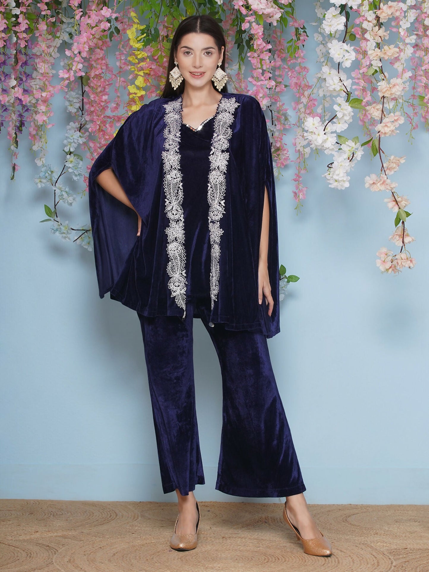 Joban Fashion Navy Blue Velvet Cape Set - Swadesiicart