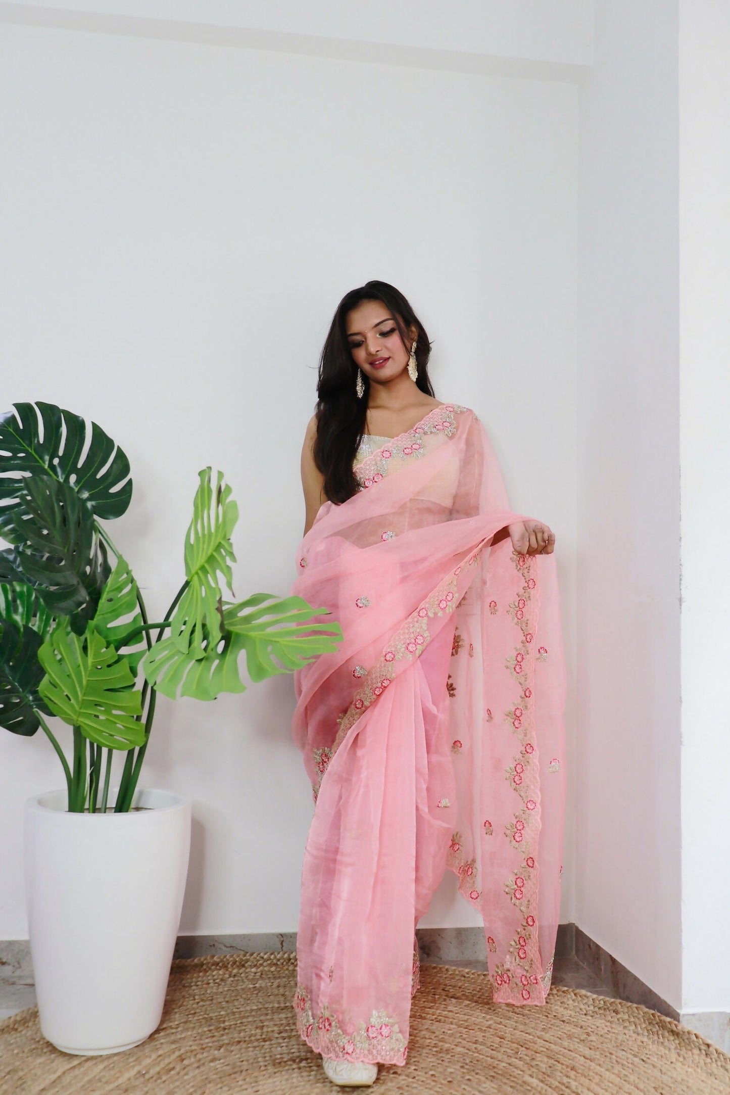 Vamsee Meera Peach Organza Saree - Swadesiicart