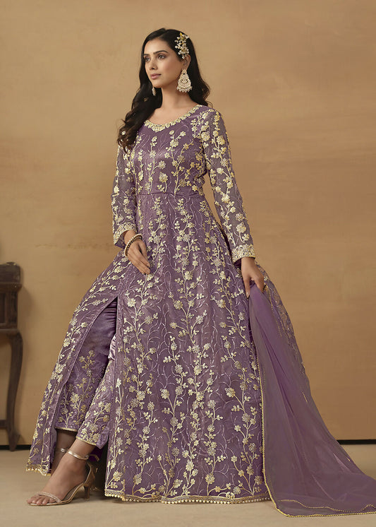 Pant Style Purple Embroidered Net Wedding Anarkali Suit - Emponline | Swadesiicart