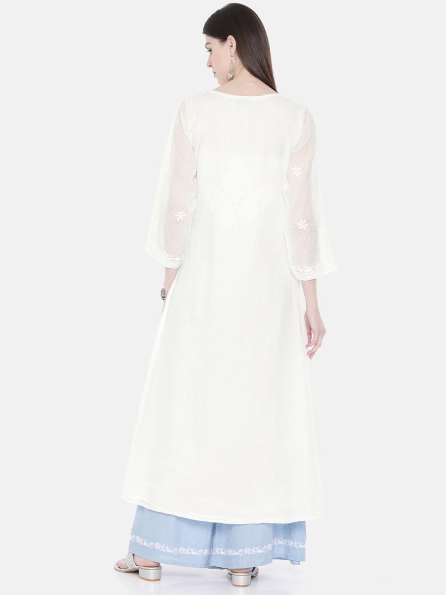 ADA Women White Embroidered Layered A-Line Chikankari Sustainable Kota Handloom Kurta | Swadesiicart