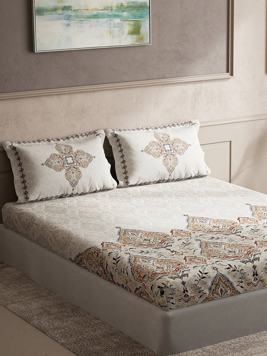 DDecor Orange & Red Ethnic Motifs Cotton 140 TC King Bedsheet With 2 Pillow Covers - Swadesiicart