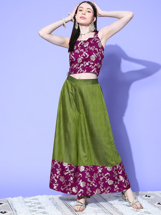 InWeave Women's Wine Brocade Strappy Top W Olive Wine Brocade Palazzo Set - Swadesiicart