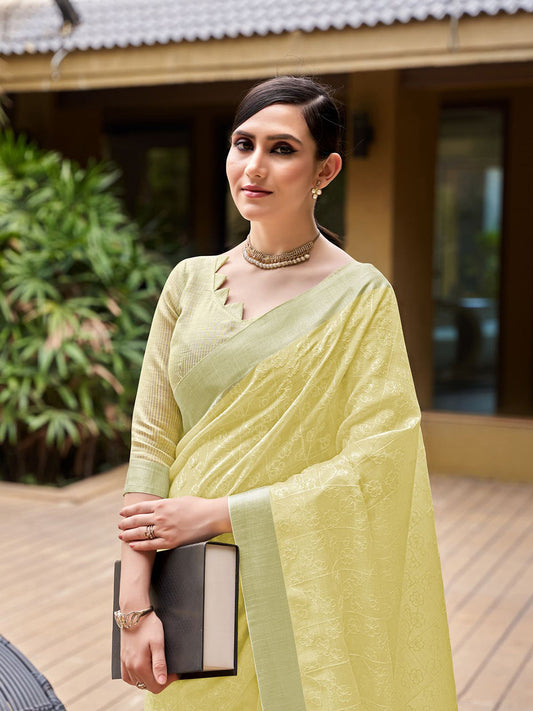 Mitera Yellow & White Floral Embroidered Zari Pure Linen Banarasi Saree | Swadesiicart